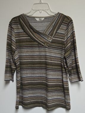 Agnes Orinda Multiple Color Striped V-Neck Button Accent 3/4 Sleeve Boho Top 1X